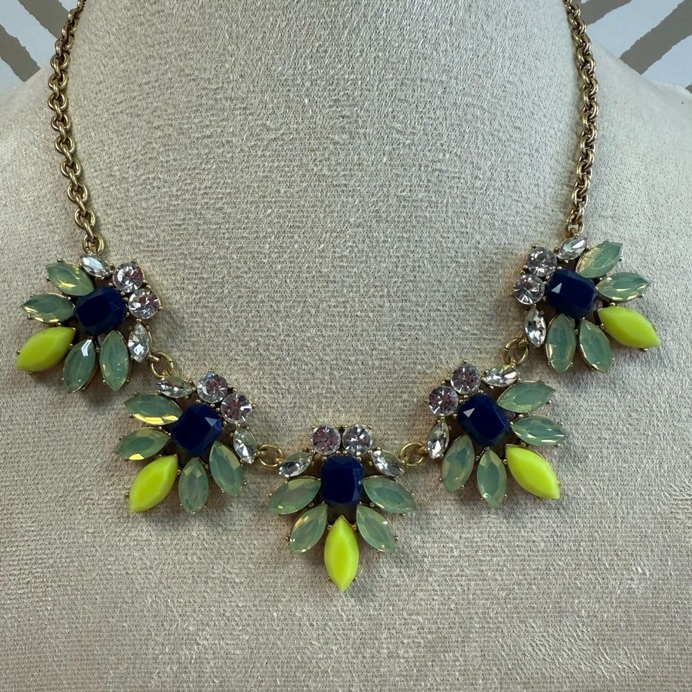 J Crew Gold Blue Yellow Green Crystal Necklace